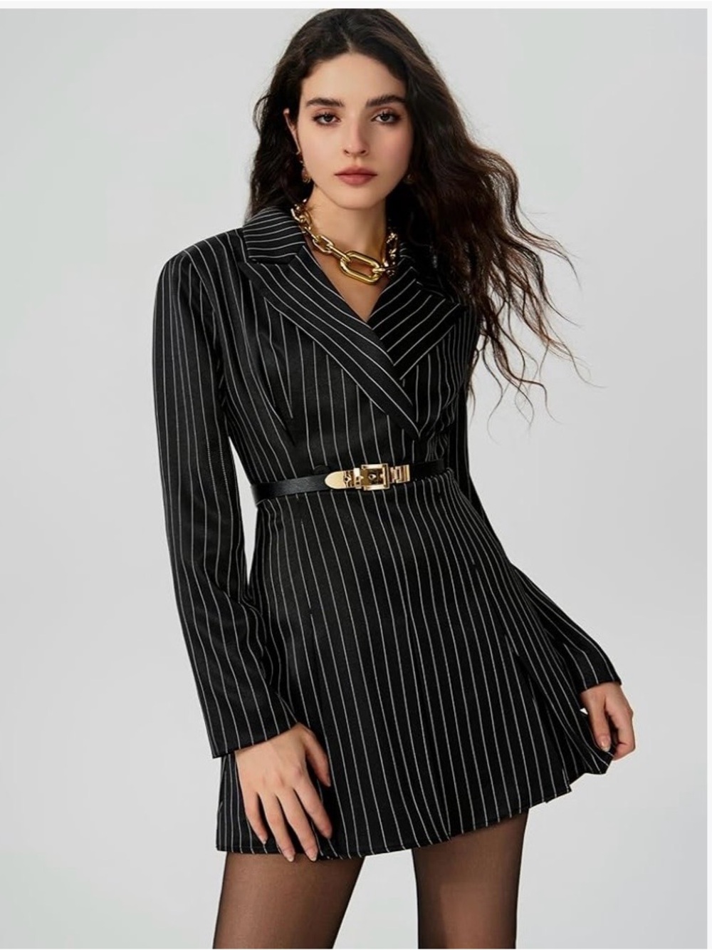 Cider Black Pinstripe Blazer with Notched Lapel Dress mini